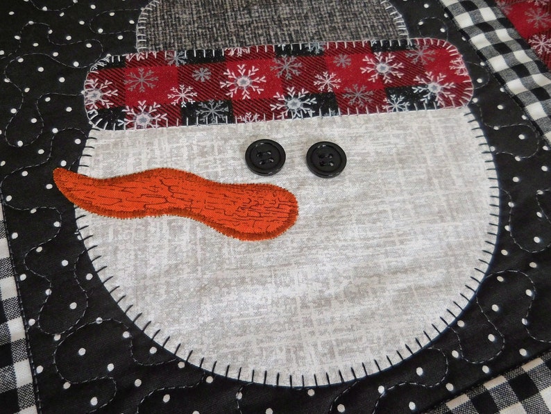 Quilted snowman table runner, Buffalo plaid winter home decor, Snowflakes, Christmas gift, Holiday present image 2