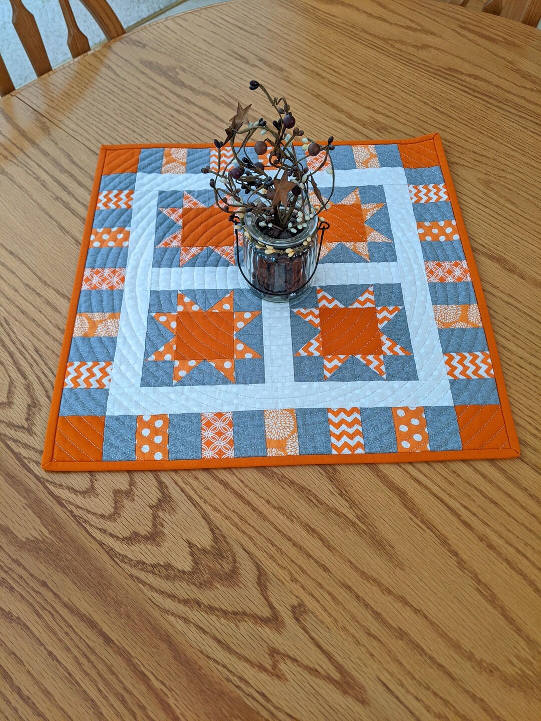 Quilted Table Runner, Square Table Topper, Orange and Gray Stars ...