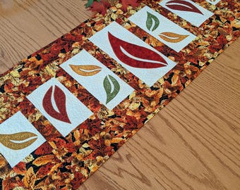 Quilted table runner, Fall table decor, Leaves,  Orange, Gold, Green, Handmade in USA