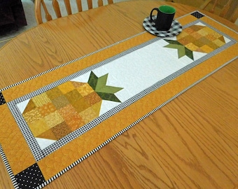 Quilted table runner, Pineapple Fruit, Kitchen Dining Home Decor, Welcome, Hospitality, Yellow Black, Handmade in USA