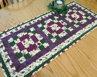 Quilted table runner, Fall maple leaves,  Purple green, Autumn Home Decor, Harvest Farmhouse, Handmade