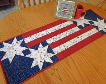 Quilted Patriotic table runner, Stars and Stripes, July 4th flag, Red, White and Blue, Fourth of July, Farmhouse Home Decor