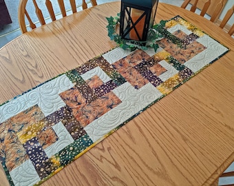Batik Quilted Table Runner: Modern Geometric, Gold Green Brown, Handmade