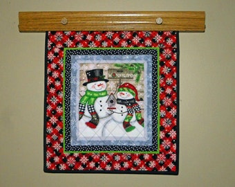 Quilted Snowman Wall Hanging, Winter Snowflake Banner, Mini Quilt, Christmas Present, Handmade in USA