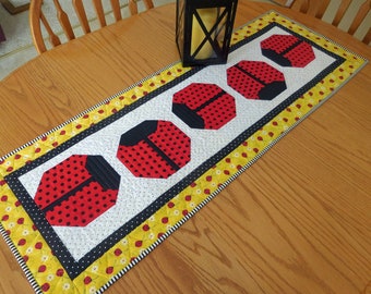 Quilted ladybug table runner, Dining Decor, Home Decor Centerpiece,  Yellow Red Black, Spring Summer, Picnic, Free shipping