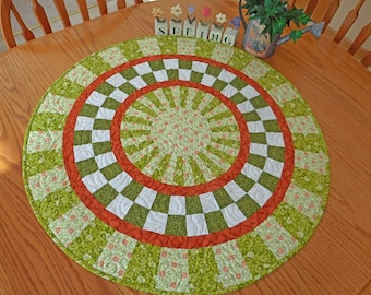 Quilted table runner, Spring Summer flowers, Orange and green, Round topper, Handmade in USA