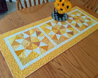 Golden Yellow Quilted Table Runner: Farmhouse Spring Decor, Handmade in USA
