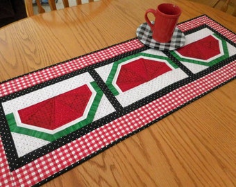 Quilted table runner, Watermelon, Summer Picnic, Farmhouse Home Decor, Red Gingham, Handmade in USA