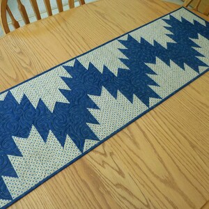 K&ouml;nnte beinhalten: Ein blauer und wei&szlig;er gesteppter Tischl&auml;ufer mit geometrischem Muster. Der L&auml;ufer ist aus Stoff mit einem dezenten Wirbelmuster gefertigt und liegt auf einem Holztisch.