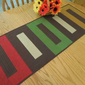 Quilted table runner, Modern brown, green, gold, Handmade in USA