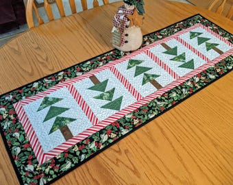 Quilted Christmas Table Runner: Tree, Chickadee, Handmade