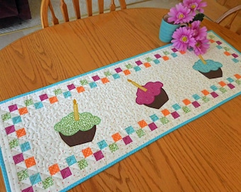 Quilted table runner, Birthday Cupcake, Blue Green Fuchsia, Celebration table topper, Handmade in USA