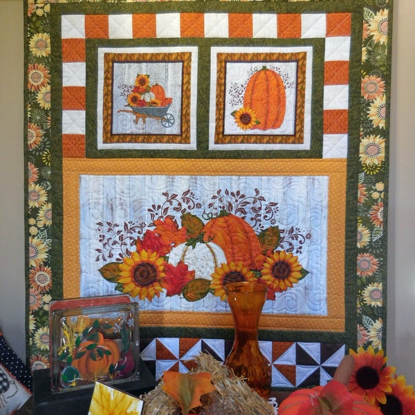 Quilted Wall Hanging, Pumpkins, Sunflowers, Fall Autumn Harvest Home Decor, Handmade in USA