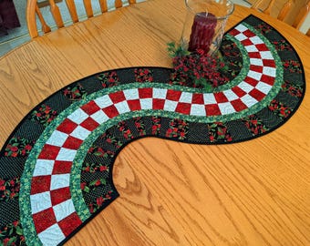 Quilted Christmas Table Runner: Holly, Black and red, Metallic Gold, Handmade in USA