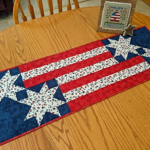 May include: A patriotic table runner with a design inspired by the American flag. It features alternating red and white striped sections with a blue field containing white star shapes. The runner is made of fabric and is placed on a wooden table.