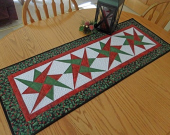 Quilted table runner, Red and Green, Christmas Holly, Star, Handmade in USA