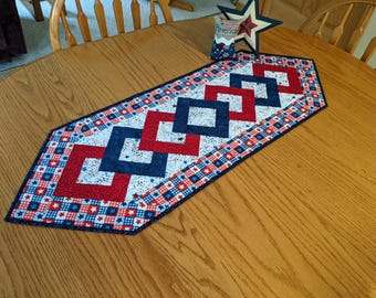 Quilted Patriotic Table Runner: Red White and Blue, Fourth of July