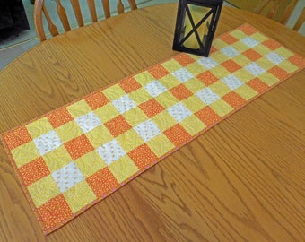 Quilted table runner, Farmhouse, Gingham, Orange Yellow Home Decor, Cottagecore, Handmade in USA