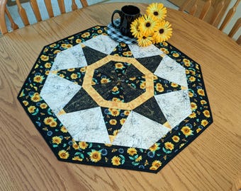 Quilted sunflower table runner, Fall table topper, Farmhouse, Yellow and black, Star shape, Octagon