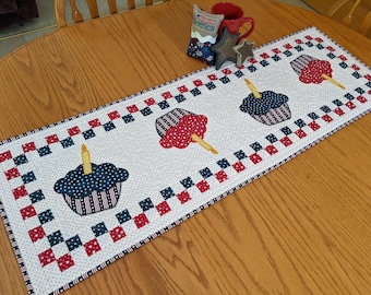 Quilted Patriotic Birthday Table Runner: 250th, Party Cupcakes, 4th Celebration,  Linen Decor
