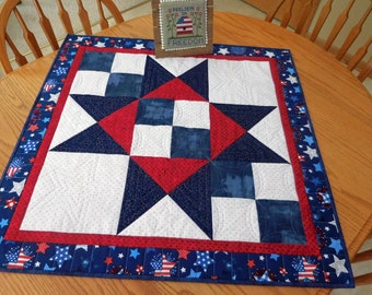 Patriotic Quilt: Red White Blue Star Table Topper, Wall Hanging