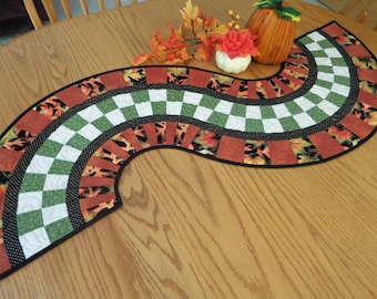 Quilted Fall Table Runner, Autumn leaves, Orange Black Green, Handmade in USA, Unique shape