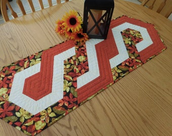 Quilted Fall Table Runner: Orange Leaf Print, Autumn Decor