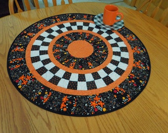 Quilted table runner, Round table topper, Candle Mat, Orange and black floral.