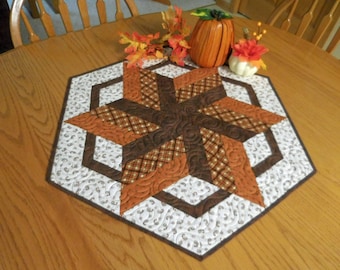 Quilted Fall Table Runner, Autumn Table Topper, Orange Brown, Plaid, Paisley, Handmade in USA