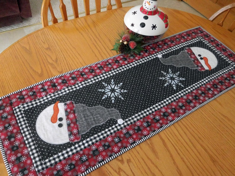 Quilted snowman table runner, Buffalo plaid winter home decor, Snowflakes, Christmas gift, Holiday present image 1