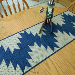 K&ouml;nnte beinhalten: Ein blauer und wei&szlig;er Tischl&auml;ufer mit geometrischem Muster. Der L&auml;ufer ist gesteppt und hat ein sternf&ouml;rmiges Design. Er liegt auf einem Holztisch mit einer Holzfigur von Onkel Sam.