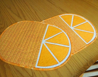 Set of Two Quilted Place mats, Two Oval, Orange Fruit, Citrus Table Decor, Kitchen Dining Linen, Handmade in USA