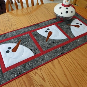 Quilted Table Runner, Snowman, Gray, White, Handmade in USA, Holiday Home Decor, Winter, Christmas