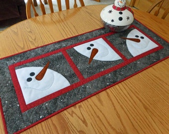 Quilted Table Runner, Snowman, Gray, White, Handmade in USA, Holiday Home Decor, Winter, Christmas