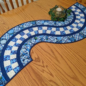 Blue Floral Quilted Table Runner: Handmade Plaid Design