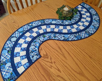 Blue Floral Quilted Table Runner: Handmade Plaid Design