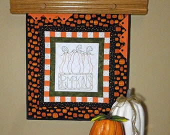 Quilted pumpkin wall hanging, Fall banner, Mini Quilt, Hand Embroidery, Handmade in USA