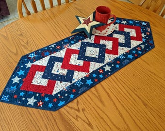 Patriotic Quilted Table Runner: Americana Stars & Stripes, Red White and Blue, Fourth of July