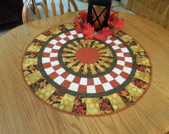 Quilted table runner, Round Table Topper, Fall leaves, Autumn, Gold Orange and Black Harvest, Farmhouse Home Decor