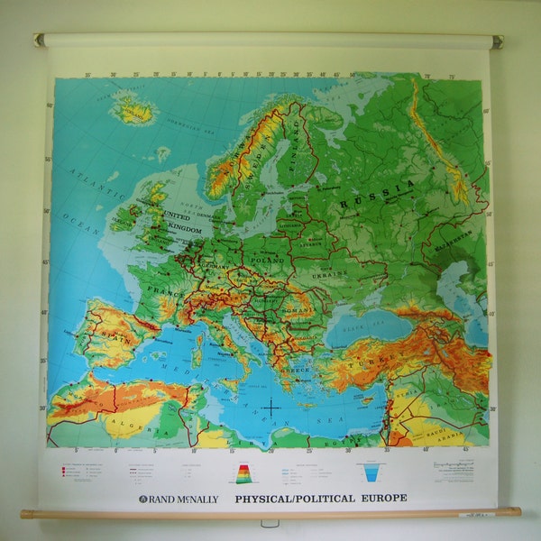 Classic Pull Down World Map - Rand McNally Physical Political Europe Map - Large Wall Art - Schoolhouse Vintage - Classroom Map - Pull Down