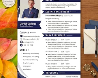 May include: A professional creative resume template with a photo of Daniel Gallego, a creative designer. The resume includes sections for contact information, skills, education, work experience, and references. The design is navy blue and white.