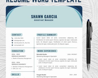 May include: A blue and white resume template with the name Shawn Garcia and the title Assistant Manager. The resume includes contact information, education, skills, and work experience.