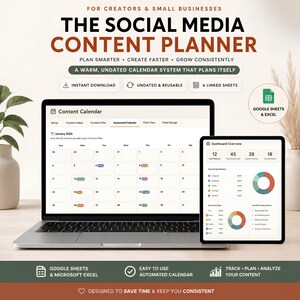 May include: A digital social media content planner displayed on a laptop and tablet screen. The interface shows a calendar view for January 2026 and a dashboard overview with data charts. Text includes The Social Media Content Planner and Google Sheets.