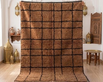 Tappeto marocchino a quadri marroni, tappeto berbero in lana fatto a mano, tappeto in stile Beni Ourain, tappeto con griglia geometrica, arredamento moderno in stile boho.