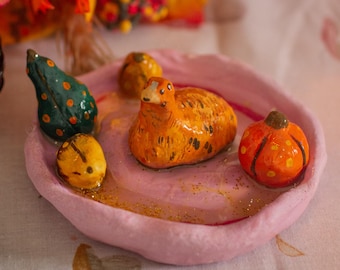 Alpaca & Pumpkins Ring Dish, Clay Autumn Jewelry Tray, Fall Cottagecore Trinket Holder, Cute Animal Decor, Thanksgiving Gift for Her