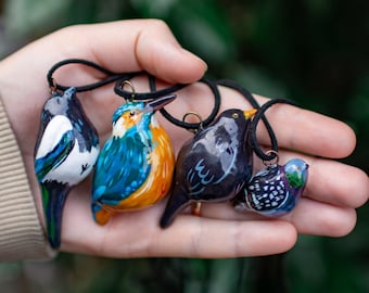 Bird Pendant Necklace, Handmade Jewelry, Polymer Clay Charms For Bird Lovers