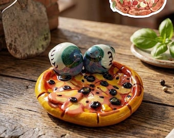 Piatto con anello a forma di piccione e pizza e adesivo in omaggio, vassoio portagioie con coppia di uccelli, regalo per ragazze eccentriche, decorazione artistica unica a tema cibo, portagioie stravagante