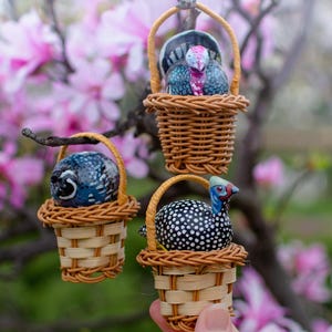Handmade Polymer Clay Bird Figurine, Cute Birds in Baskets, Easter Table Decoration, Cottagecore Desk Friend, Miniature Clay Birds