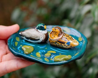 Ring Dish with Ducks, Handmade Bird Jewelry Dish, Clay Trinket Tray