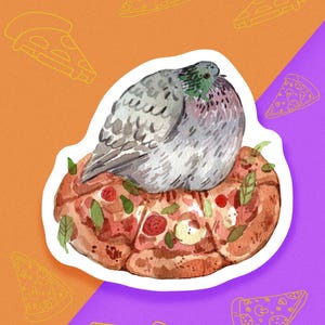 Pigeon on pizza sticker, matte paper, watercolor bird art